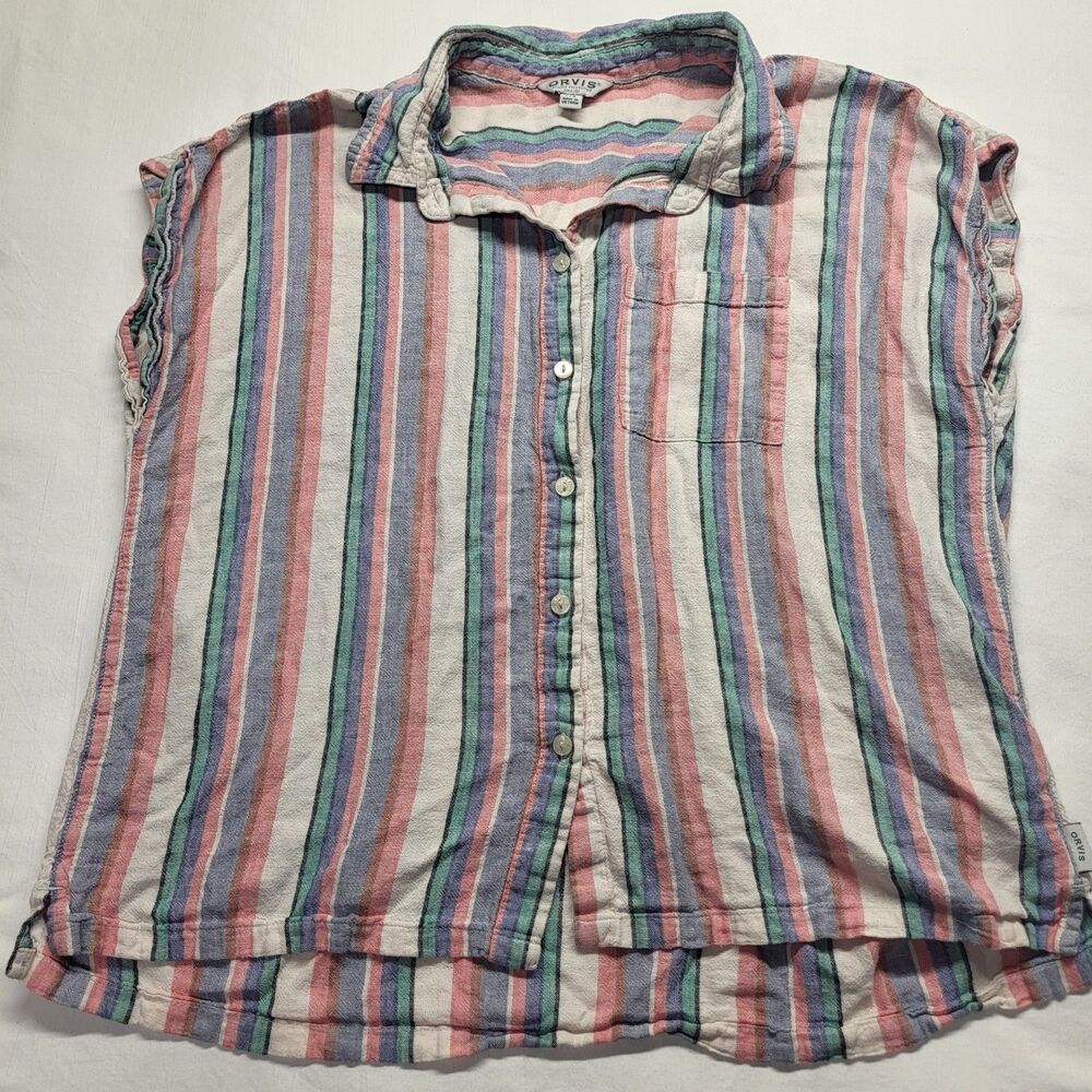 Orvis Women's Button Up Short Sleeves Chest Pocket Blouse Multi Stripe LG